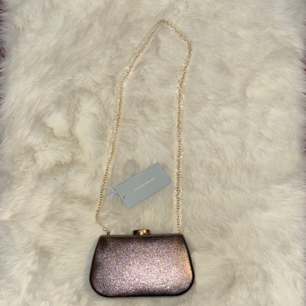 ANTONIO MELANI Rose Gold Glitter Chain Clutch